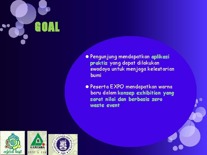GOAL Pengunjung mendapatkan aplikasi praktis yang dapat dilakukan swadaya untuk menjaga kelestarian bumi Peserta
