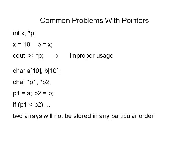 Common Problems With Pointers int x, *p; x = 10; p = x; cout