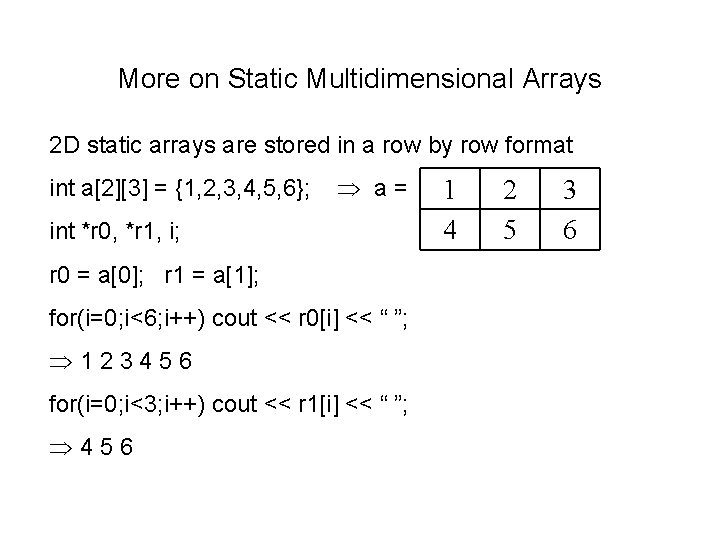 More on Static Multidimensional Arrays 2 D static arrays are stored in a row