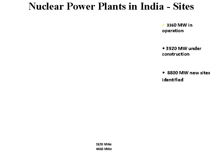 Nuclear Power Plants in India - Sites • 3360 MW in operation • 3920