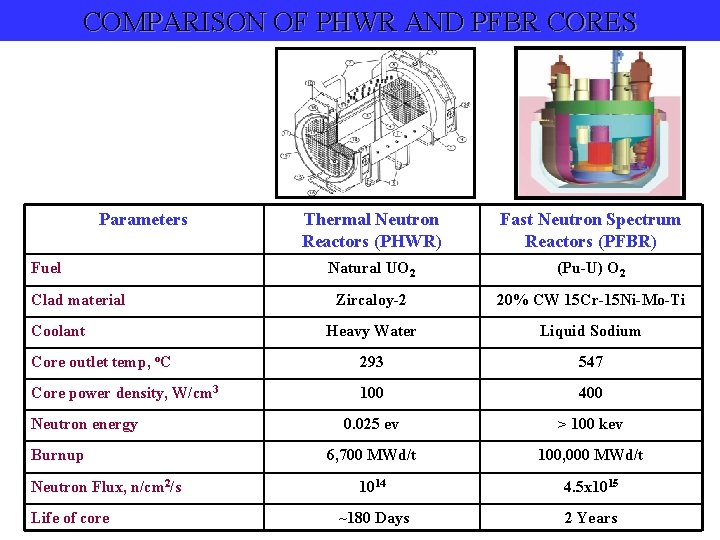 COMPARISON OF PHWR AND PFBR CORES Parameters Thermal Neutron Reactors (PHWR) Fast Neutron Spectrum