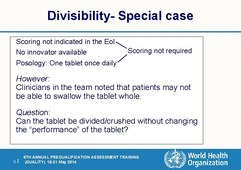 Divisibility- Special case Scoring not indicated in the Eo. I No innovator available Posology: