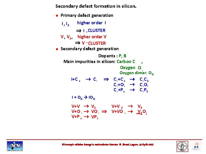 Secondary defect formation in silicon. · Primary defect generation higher order I I ,