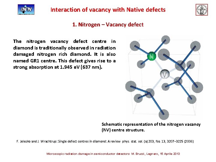 Interaction of vacancy with Native defects 1. Nitrogen – Vacancy defect The nitrogen vacancy
