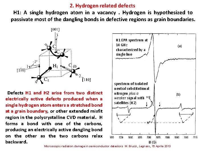 2. Hydrogen related defects H 1: A single hydrogen atom in a vacancy. Hydrogen