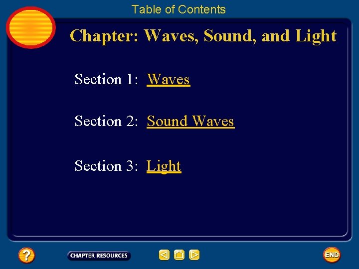 Table of Contents Chapter: Waves, Sound, and Light Section 1: Waves Section 2: Sound