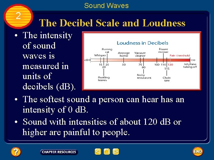 Sound Waves 2 The Decibel Scale and Loudness • The intensity of sound waves