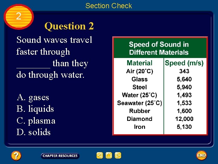 Section Check 2 Question 2 Sound waves travel faster through _______ than they do