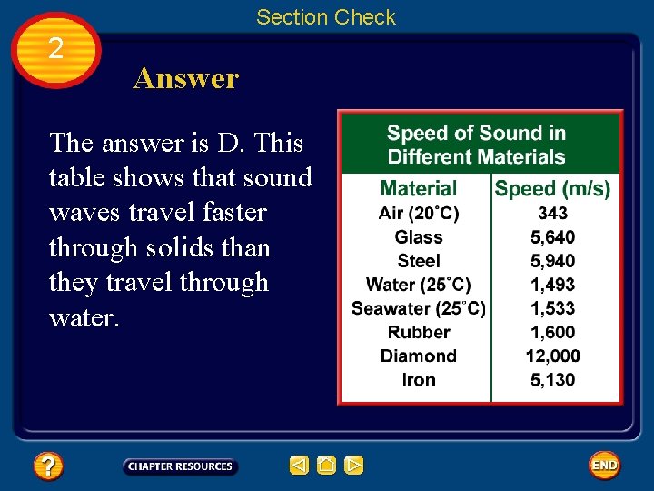 Section Check 2 Answer The answer is D. This table shows that sound waves