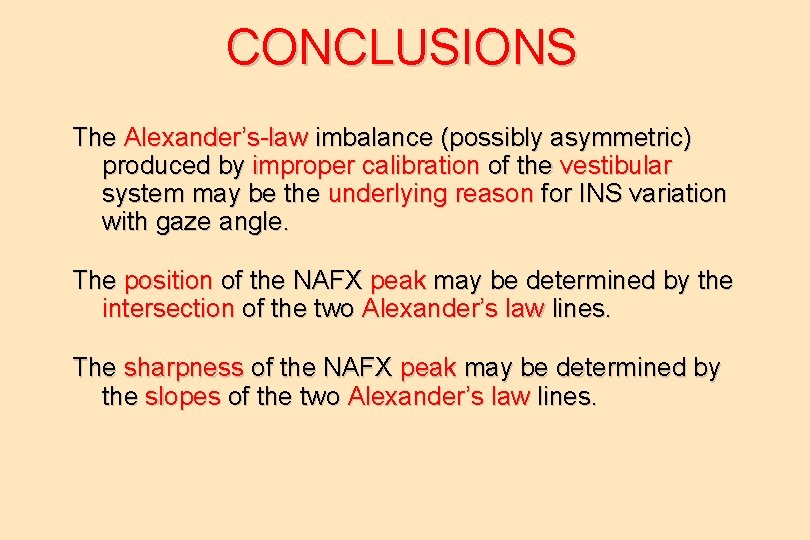 CONCLUSIONS The Alexander’s-law imbalance (possibly asymmetric) produced by improper calibration of the vestibular system