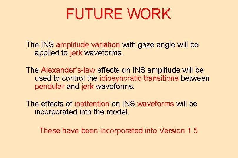 FUTURE WORK The INS amplitude variation with gaze angle will be applied to jerk