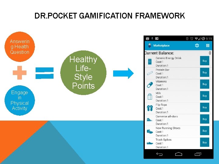 DR. POCKET GAMIFICATION FRAMEWORK Answerin g Health Question Engage in Physical Activity Healthy Life.