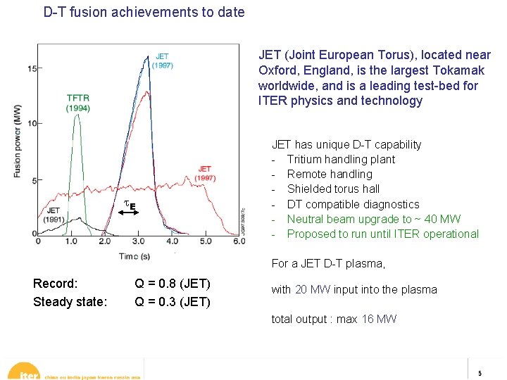 D-T fusion achievements to date JET (Joint European Torus), located near Oxford, England, is