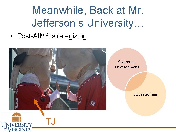 Meanwhile, Back at Mr. Jefferson’s University… • Post-AIMS strategizing Collection Development Accessioning TJ 