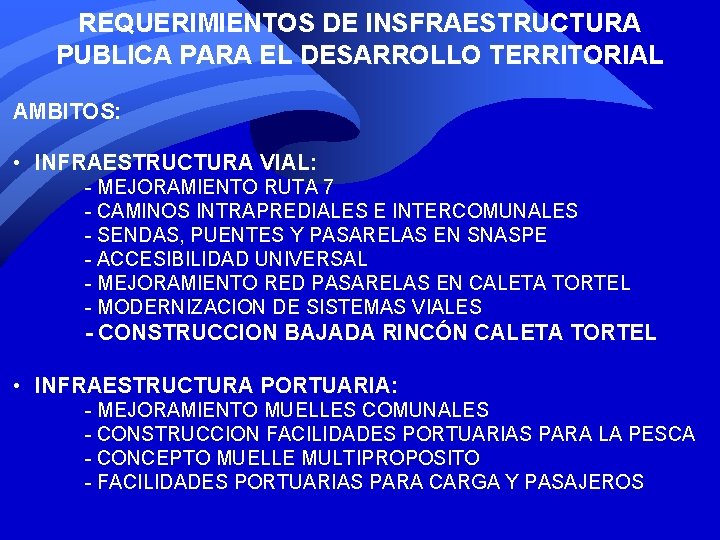 REQUERIMIENTOS DE INSFRAESTRUCTURA PUBLICA PARA EL DESARROLLO TERRITORIAL AMBITOS: • INFRAESTRUCTURA VIAL: - MEJORAMIENTO REQUERIMIENTOS DE INSFRAESTRUCTURA PUBLICA PARA EL DESARROLLO TERRITORIAL AMBITOS: • INFRAESTRUCTURA VIAL: - MEJORAMIENTO