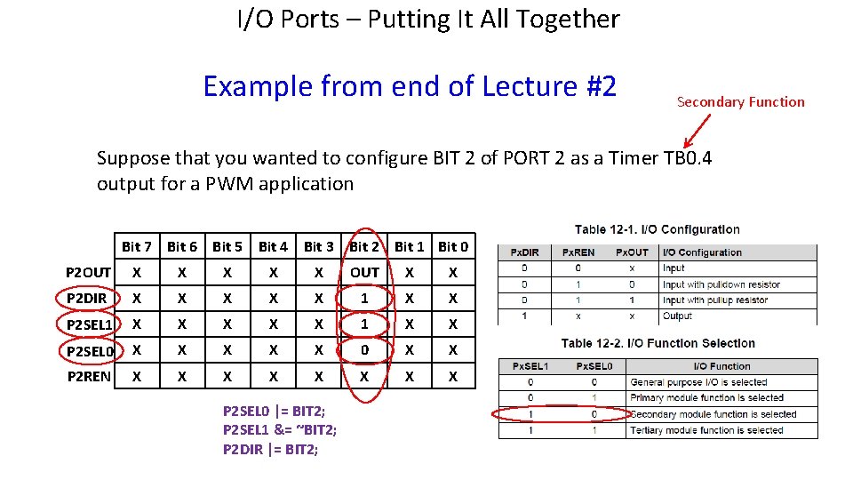 I/O Ports – Putting It All Together Example from end of Lecture #2 Secondary