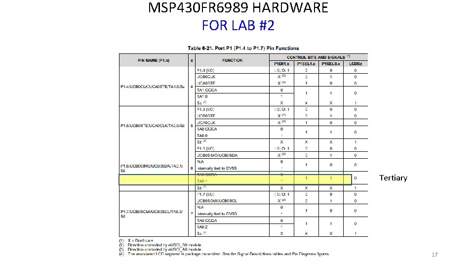 MSP 430 FR 6989 HARDWARE FOR LAB #2 Tertiary 17 