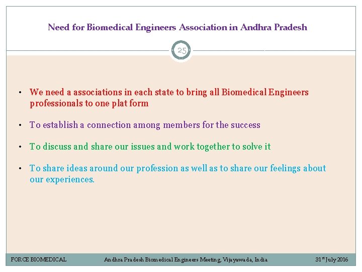 Need for Biomedical Engineers Association in Andhra Pradesh 25 • We need a associations Need for Biomedical Engineers Association in Andhra Pradesh 25 • We need a associations