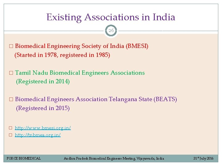 Existing Associations in India 26 � Biomedical Engineering Society of India (BMESI) (Started in Existing Associations in India 26 � Biomedical Engineering Society of India (BMESI) (Started in