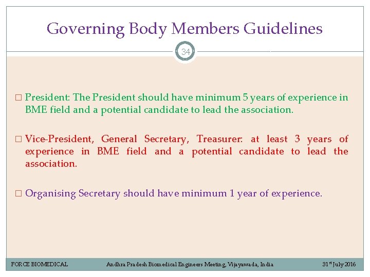Governing Body Members Guidelines 34 � President: The President should have minimum 5 years Governing Body Members Guidelines 34 � President: The President should have minimum 5 years