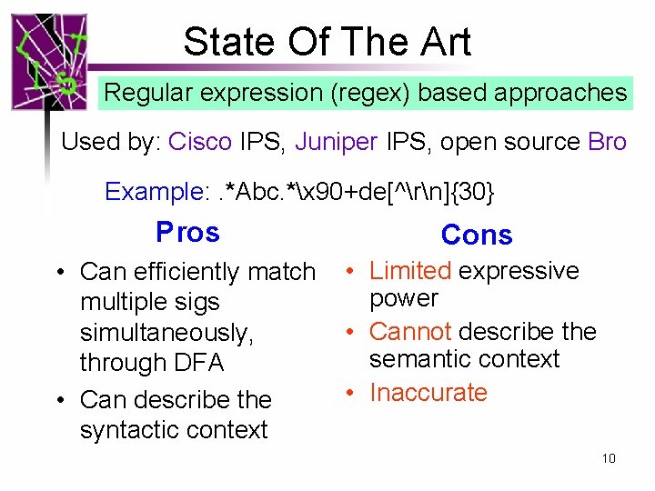 State Of The Art Regular expression (regex) based approaches Used by: Cisco IPS, Juniper