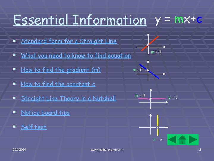 Essential Information y = mx+c § Standard form for a Straight Line m>0 §