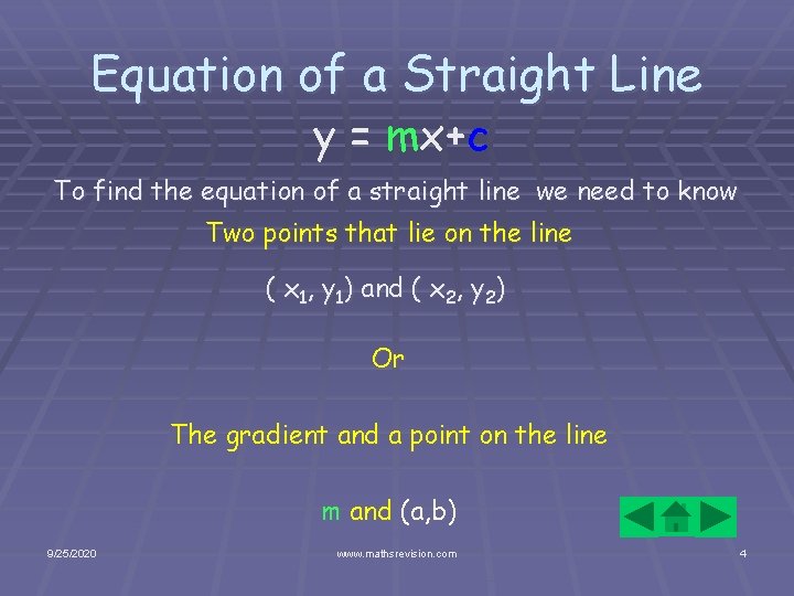 Equation of a Straight Line y = mx+c To find the equation of a