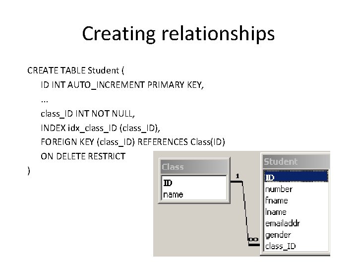 Creating relationships CREATE TABLE Student ( ID INT AUTO_INCREMENT PRIMARY KEY, . . . Creating relationships CREATE TABLE Student ( ID INT AUTO_INCREMENT PRIMARY KEY, . . .