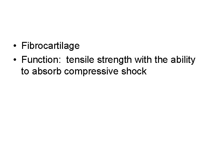  • Fibrocartilage • Function: tensile strength with the ability to absorb compressive shock