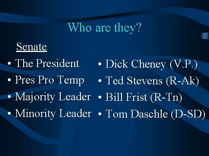 Who are they? Senate • The President • Pres Pro Temp • Majority Leader