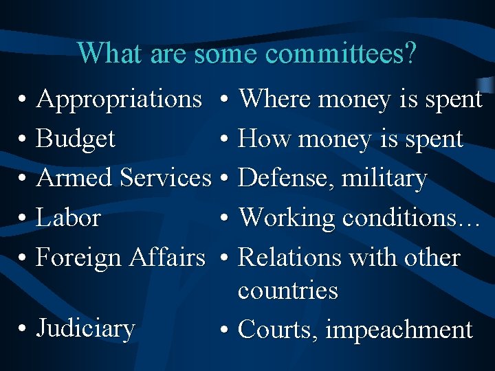 What are some committees? • Appropriations • Where money is spent • Budget •