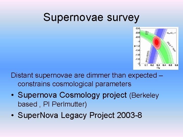 Supernovae survey Distant supernovae are dimmer than expected – constrains cosmological parameters • Supernova