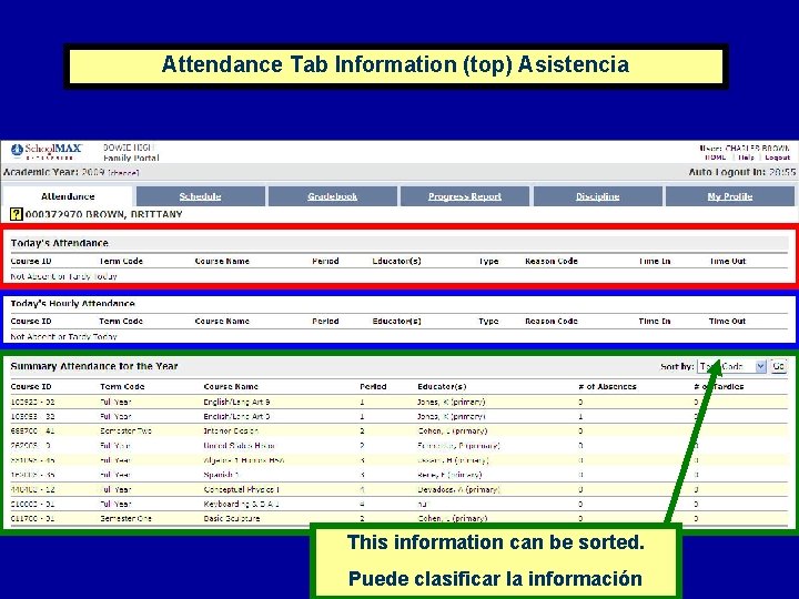 Attendance Tab Information (top) Asistencia This information can be sorted. Puede clasificar la información