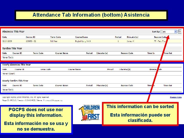 Attendance Tab Information (bottom) Asistencia PGCPS does not use nor display this information. Esta