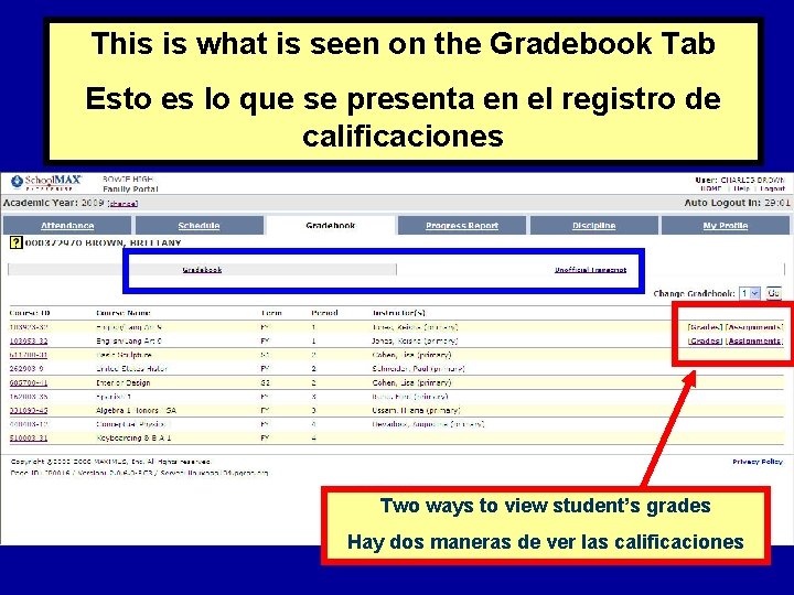 This is what is seen on the Gradebook Tab Esto es lo que se