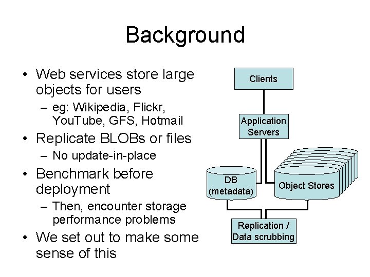 Background • Web services store large objects for users – eg: Wikipedia, Flickr, You.