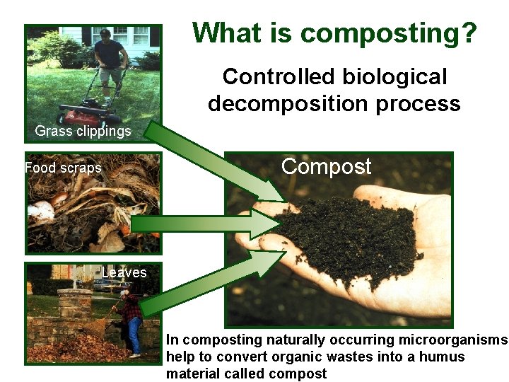What is composting? Controlled biological decomposition process Grass clippings Food scraps Compost Leaves In