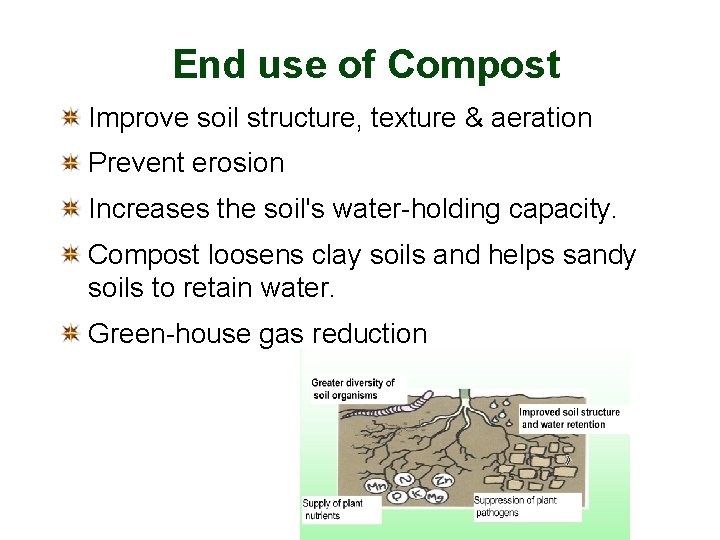 End use of Compost Improve soil structure, texture & aeration Prevent erosion Increases the