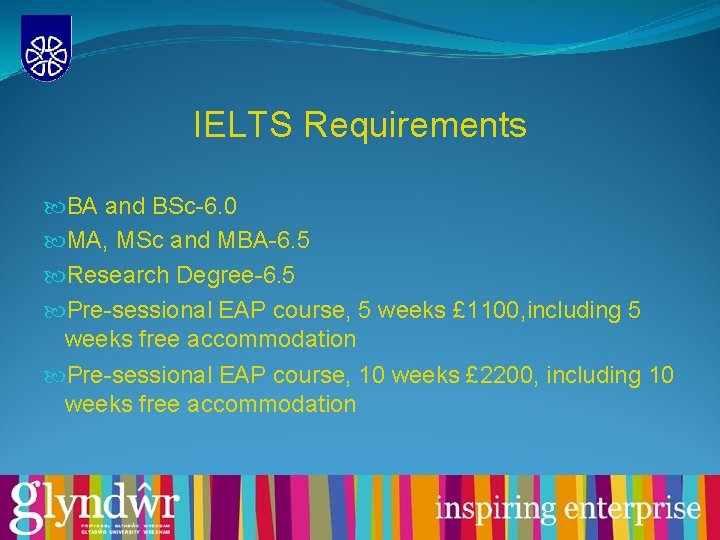 IELTS Requirements BA and BSc-6. 0 MA, MSc and MBA-6. 5 Research Degree-6. 5