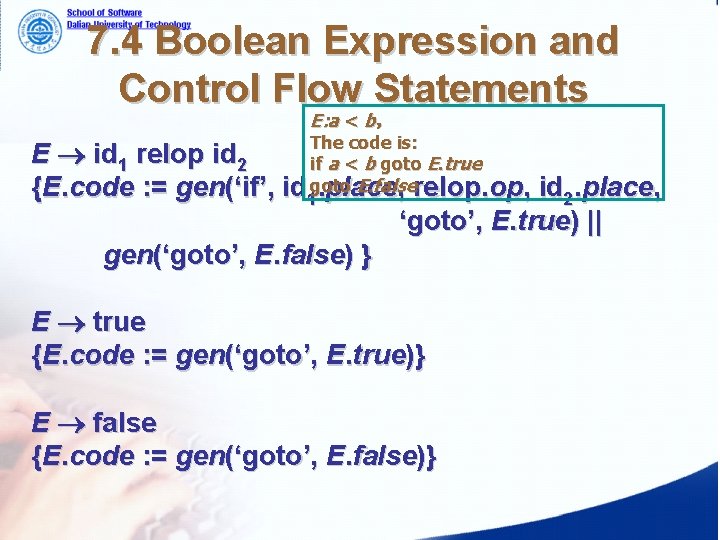7. 4 Boolean Expression and Control Flow Statements E: a < b, The code 7. 4 Boolean Expression and Control Flow Statements E: a < b, The code