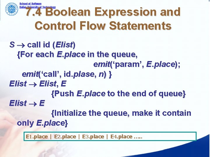 7. 4 Boolean Expression and Control Flow Statements S call id (Elist) {For each 7. 4 Boolean Expression and Control Flow Statements S call id (Elist) {For each