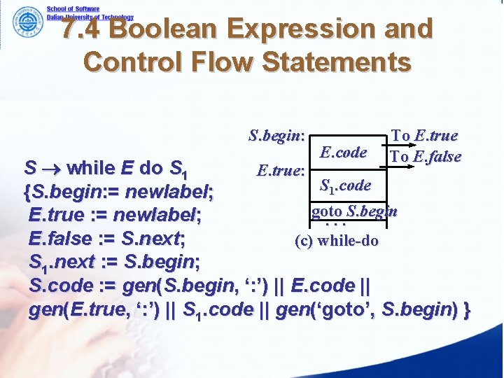 7. 4 Boolean Expression and Control Flow Statements S. begin: E. code To E. 7. 4 Boolean Expression and Control Flow Statements S. begin: E. code To E.