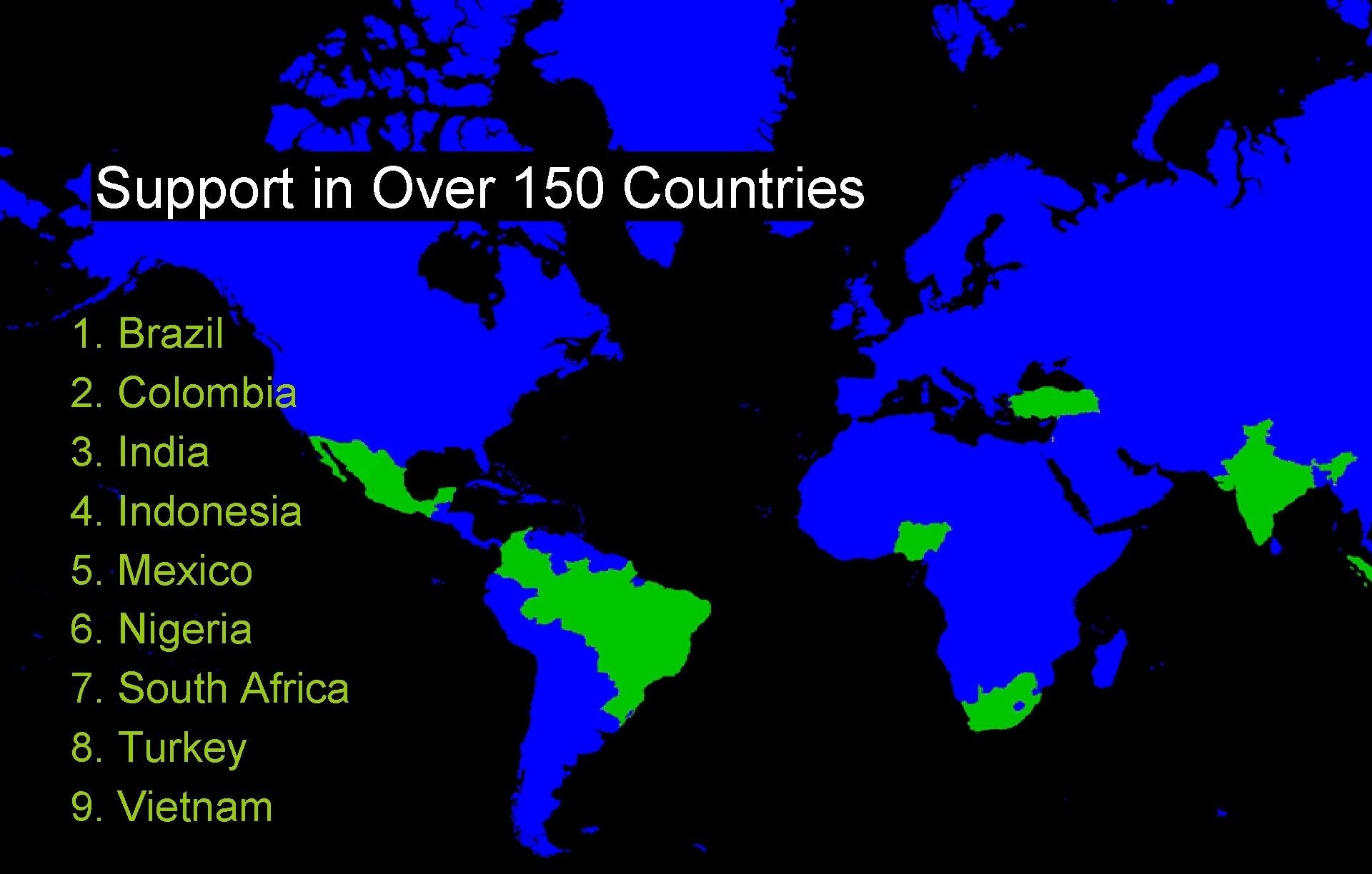 Support in Over 150 Countries 1. Brazil 2. Colombia 3. India 4. Indonesia 5.