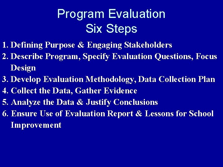 Program Evaluation Six Steps 1. Defining Purpose & Engaging Stakeholders 2. Describe Program, Specify