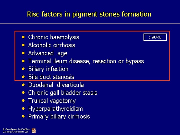 Risc factors in pigment stones formation • • • Chronic haemolysis Alcoholic cirrhosis Advanced