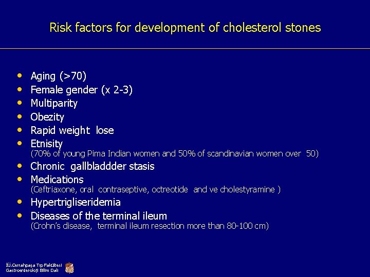Risk factors for development of cholesterol stones • • • Aging (>70) Female gender