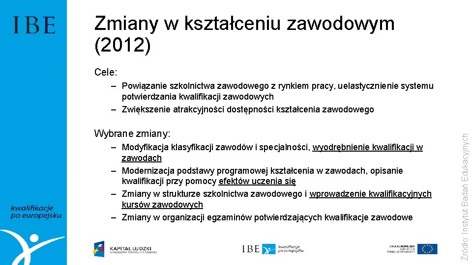 Zmiany w kształceniu zawodowym (2012) Cele: Wybrane zmiany: – Modyfikacja klasyfikacji zawodów i specjalności,