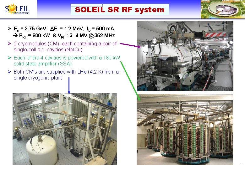 SOLEIL SR RF system Ø En = 2. 75 Ge. V, E = 1.