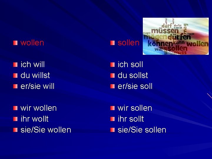 wollen sollen ich will du willst er/sie will ich soll du sollst er/sie soll