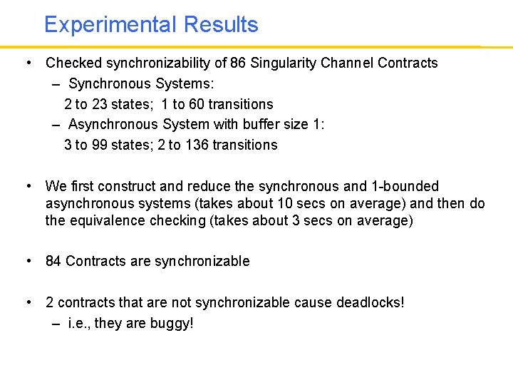 Experimental Results • Checked synchronizability of 86 Singularity Channel Contracts – Synchronous Systems: 2